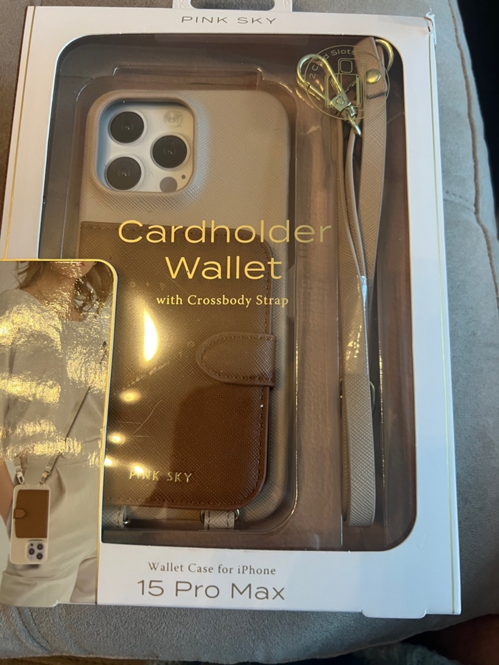 Cardholder Wallet Case with Crossbody Strap for iPhone 15 Pro Max - Brown/Beige